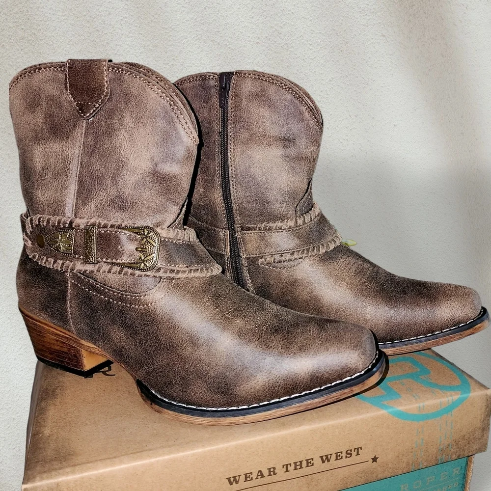 Roper Nelly Cowboy Boot Brown Country Vintage Shorty Snip - Picture 5 of 10
